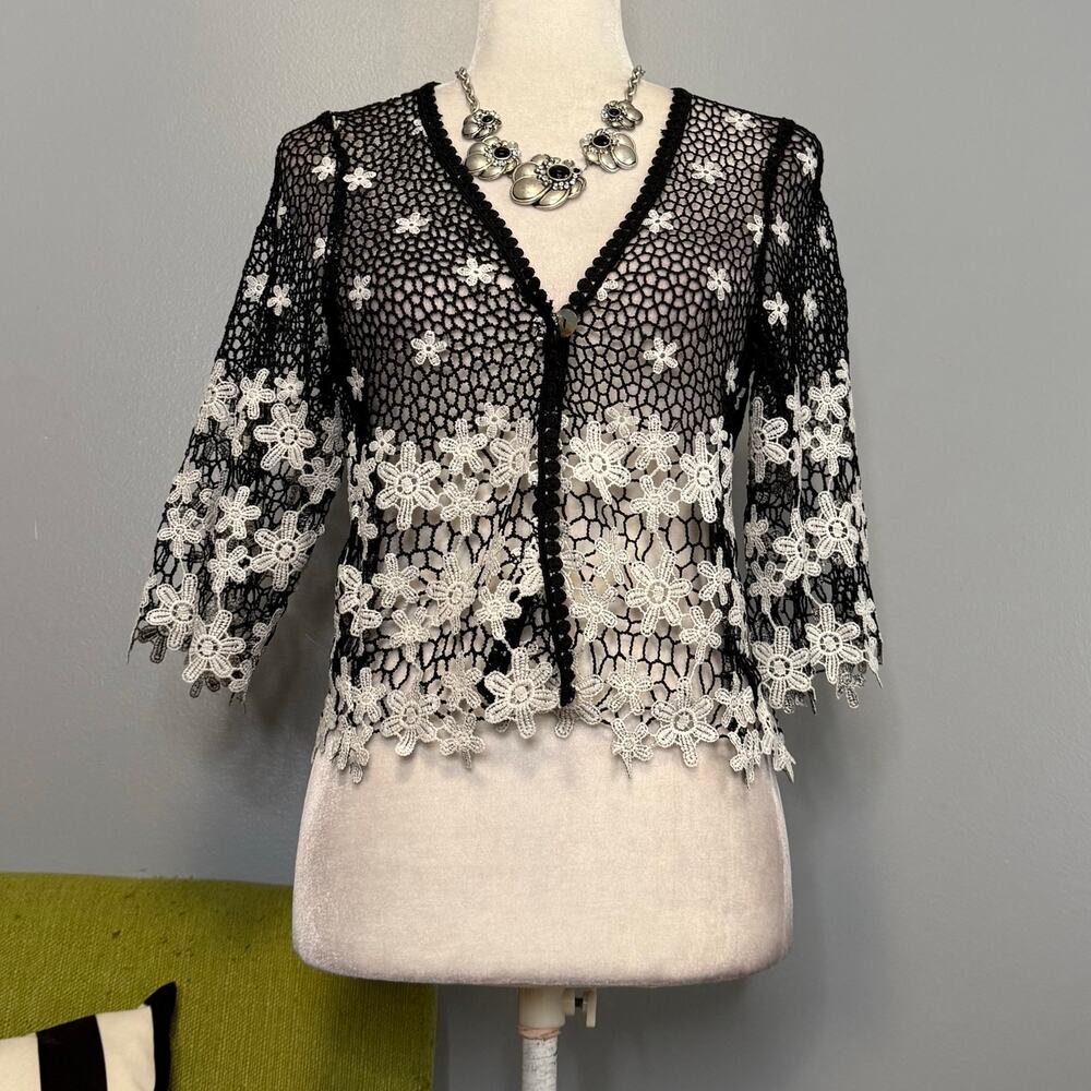 Rabbit Rabbit Rabbit Designs Black White Floral Sheer Lace Jacket